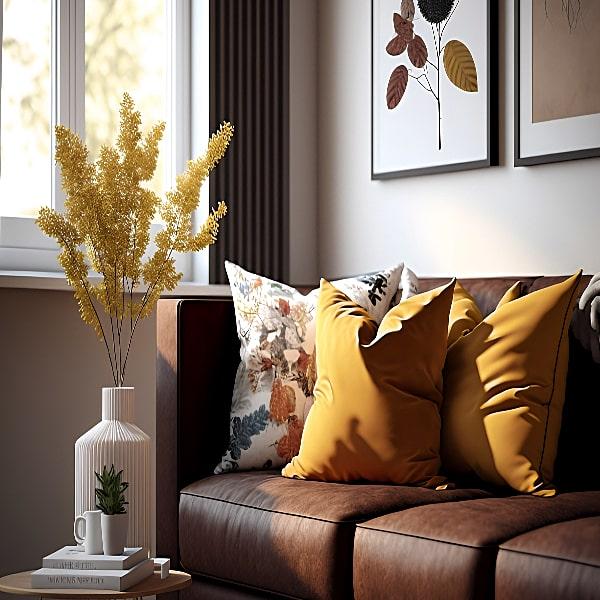 yellow pillows for brown couch
