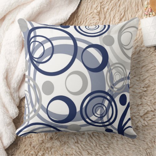 Navy Blue Gray Circle Abstract Design Throw Pillow