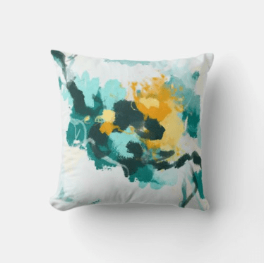 Modern Abstract Teal and Yellow Painted Design Throw Pillow