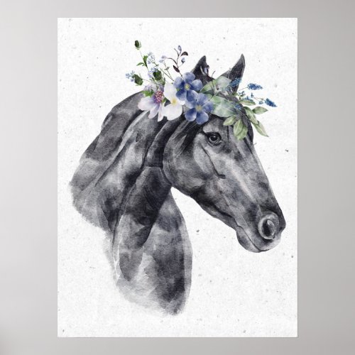 Black and White Horse in Flower Crown Animal Poster