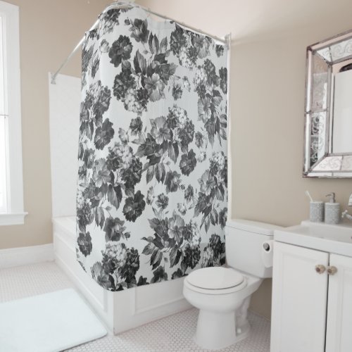 Black white vintage boho chic roses floral shower curtain