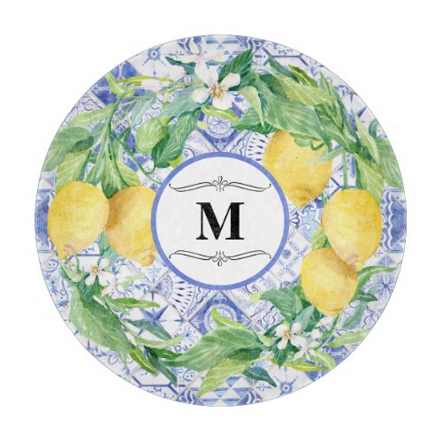 Blue White Tile Lemon Wreath Vintage Farmhouse Art Cutting Board