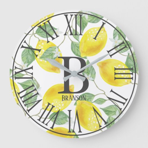 Country Elegant Watercolor Lemons Monogram Large Clock