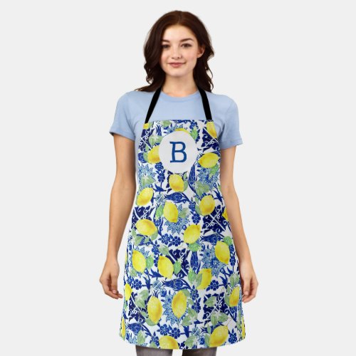 Farmhouse Lemons Blue Floral Monogram Apron