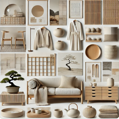 Japandi mood board featuring a harmonious blend of Japanese minimalism and Scandinavian design.