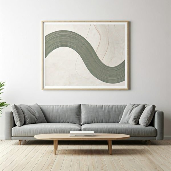 Japandi minimalist living room, magazine photoshoot, photo realism, serene, bright, beautiful, abstract wall art on the wall to match the ae...