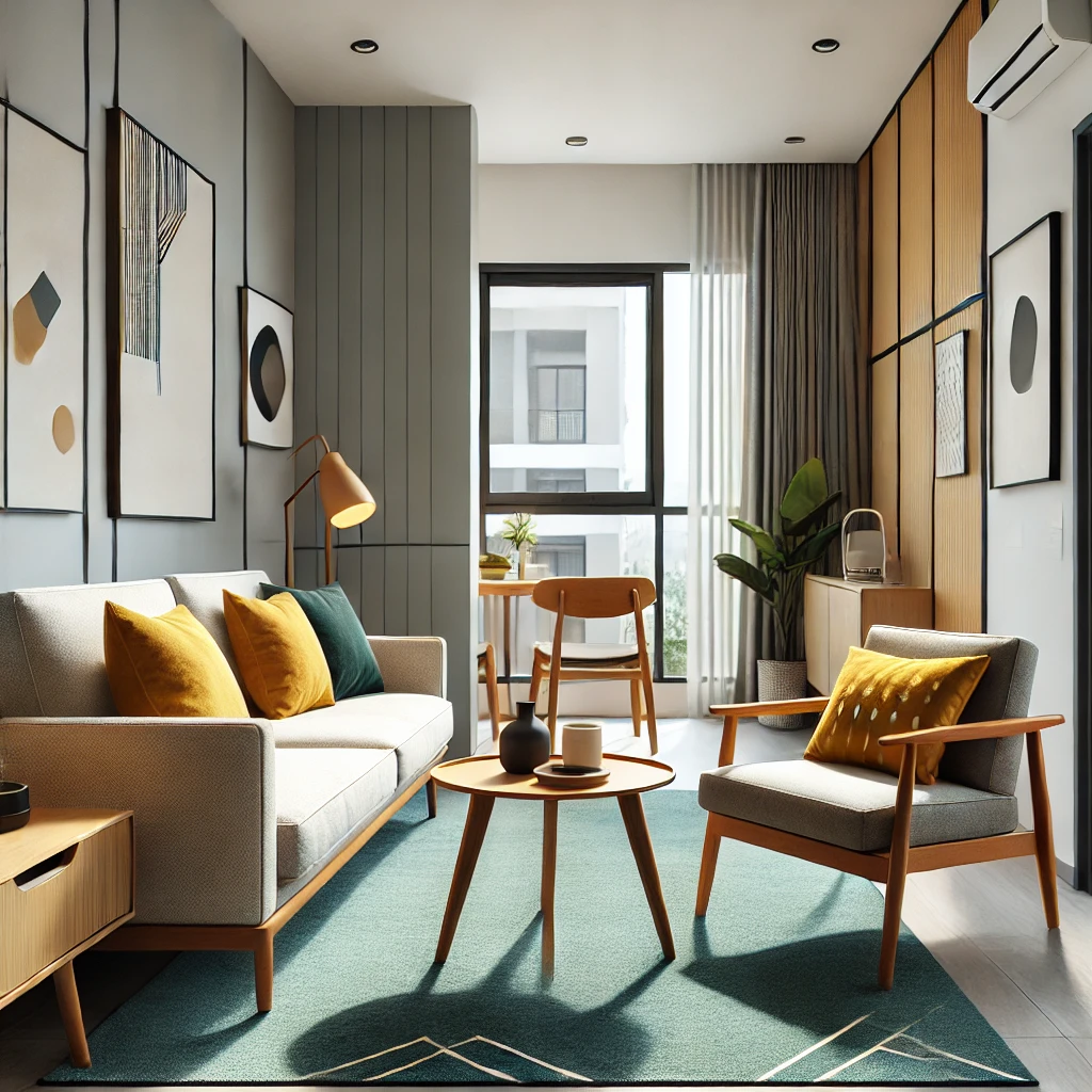 A modern small living space designed in mid-century modern style. The room features slim, elevated furniture like a wooden coffee table with clean lines, a compact sofa with tapered wooden legs, and a minimalist armchair. The color palette is neutral with pops of mustard yellow and teal in the cushions. The space is bright, with natural light pouring in through a window. Decor elements like a geometric-patterned rug and simple abstract wall art enhance the mid-century feel. The room is cozy, open, and space-efficient.